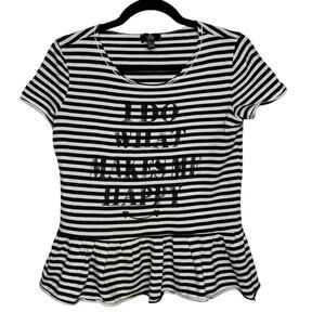 MNG Mango Black White Stripe I Do What Makes Me Happy Short Sleeve Ruffle Tee SM